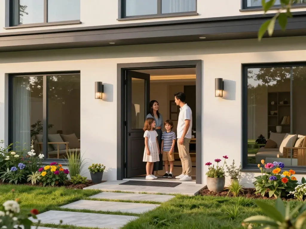 Moderne Haustür heißt Gäste in einem stilvollen Zuhause in einer sonnigen Gartenszene willkommen.