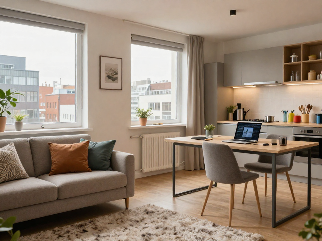 Moderne Monteurwohnung Hannover mit stilvollem Wohnraum und Arbeitsbereich, ideal für Geschäftsreisende.