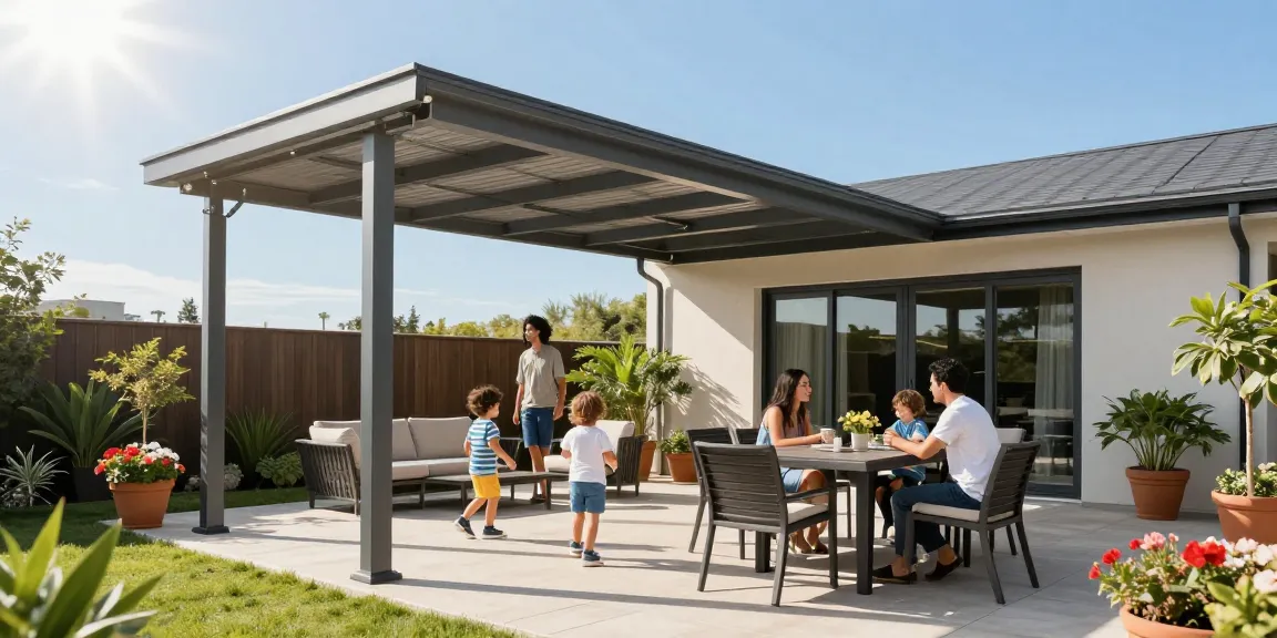 Moderne Terrassenüberdachungen mit einer Familie, die sich im Freien entspannt.