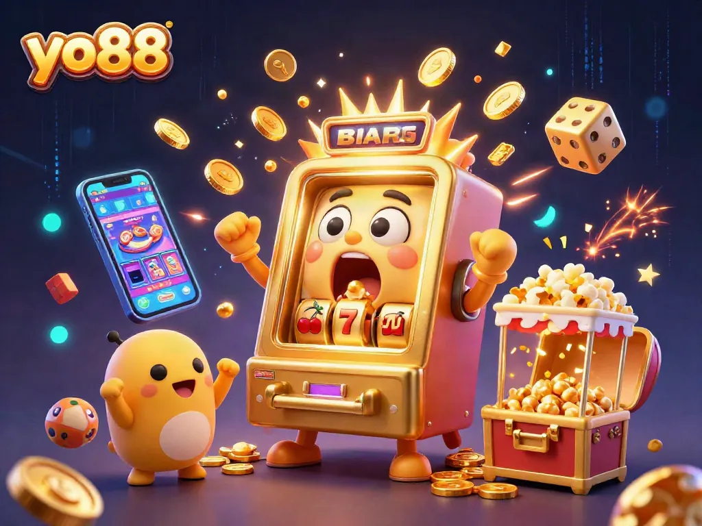 Experience yo88’s thrilling jackpots with a vibrant 3D illustration of a golden slot machine hitting a winning streak.