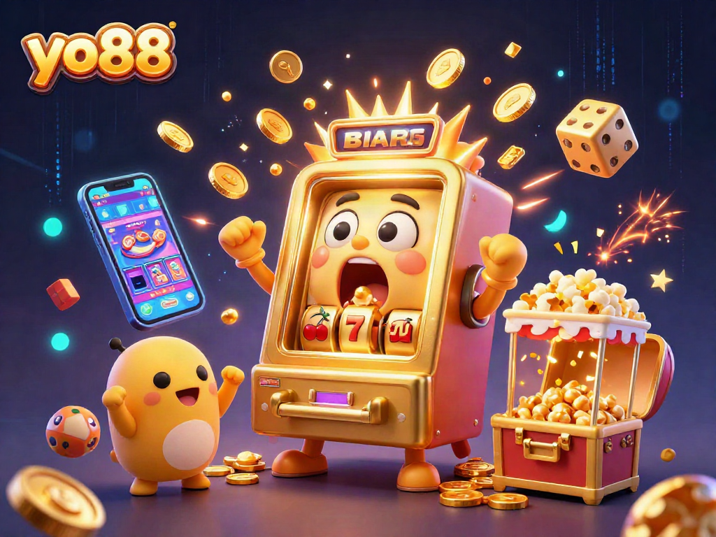 Experience yo88’s thrilling jackpots with a vibrant 3D illustration of a golden slot machine hitting a winning streak.