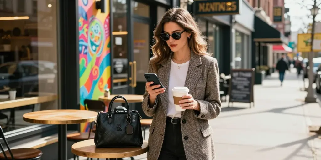 Entspannte Frau in modischer Kleidung genießt ihren Kaffee und zeigt Lady-Lifestyle in urbaner Umgebung.