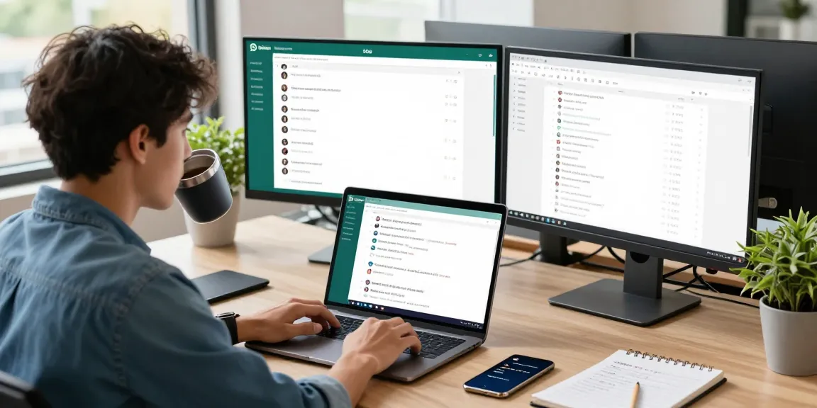 Engaging with WhatsApp網頁版 in a modern workspace with tech elements.
