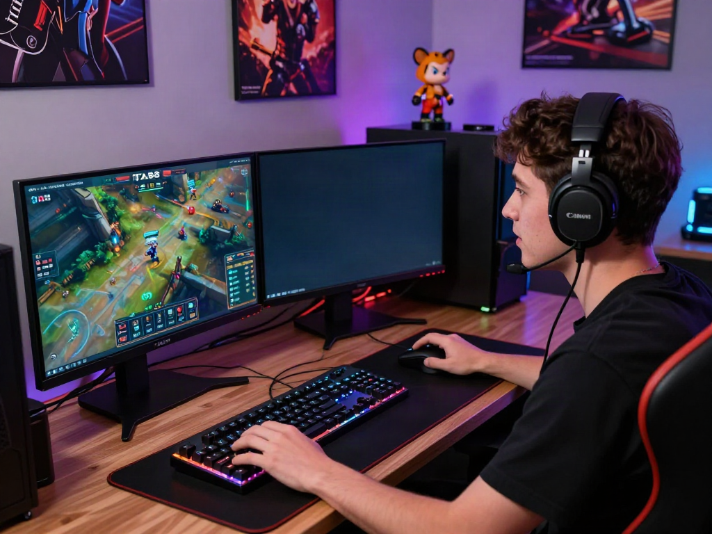 Engaged gamer using TA88 platform at modern desk with gaming setup.