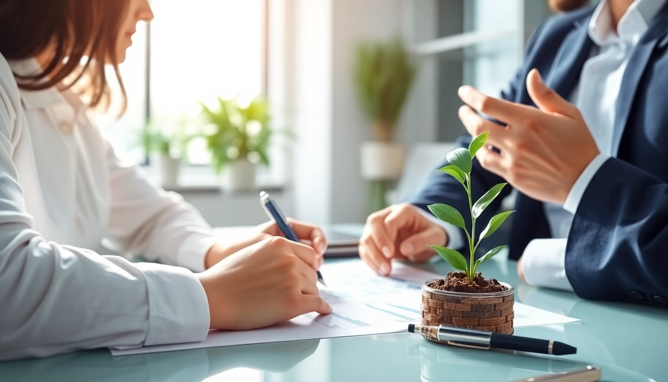 Beratung über Geld von privat mit zwei Personen in einem modernen Büro.