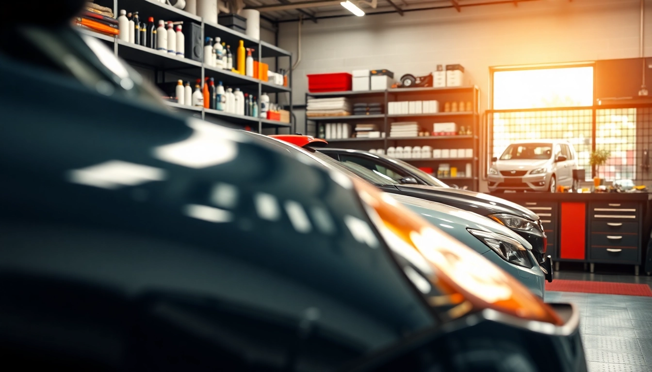 Autopflege Shop mit einem professionellen Setup für die Autopflege und glänzenden Autos im Hintergrund.