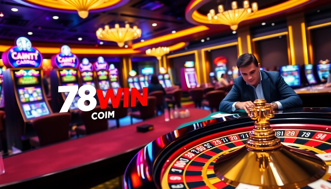 A gambler winning at a casino table featuring the 78WIN COM logo, surrounded by chips and cards.