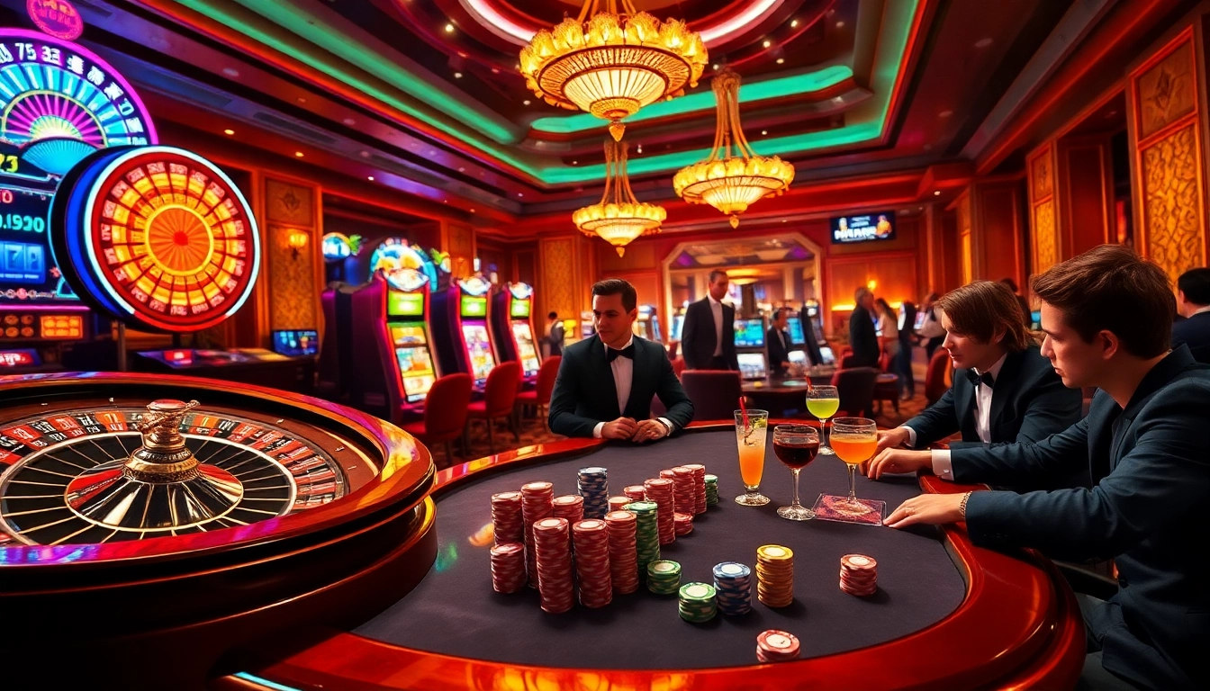 JL55 casino scene showcasing poker excitement with luxurious tables and vibrant slot machines.