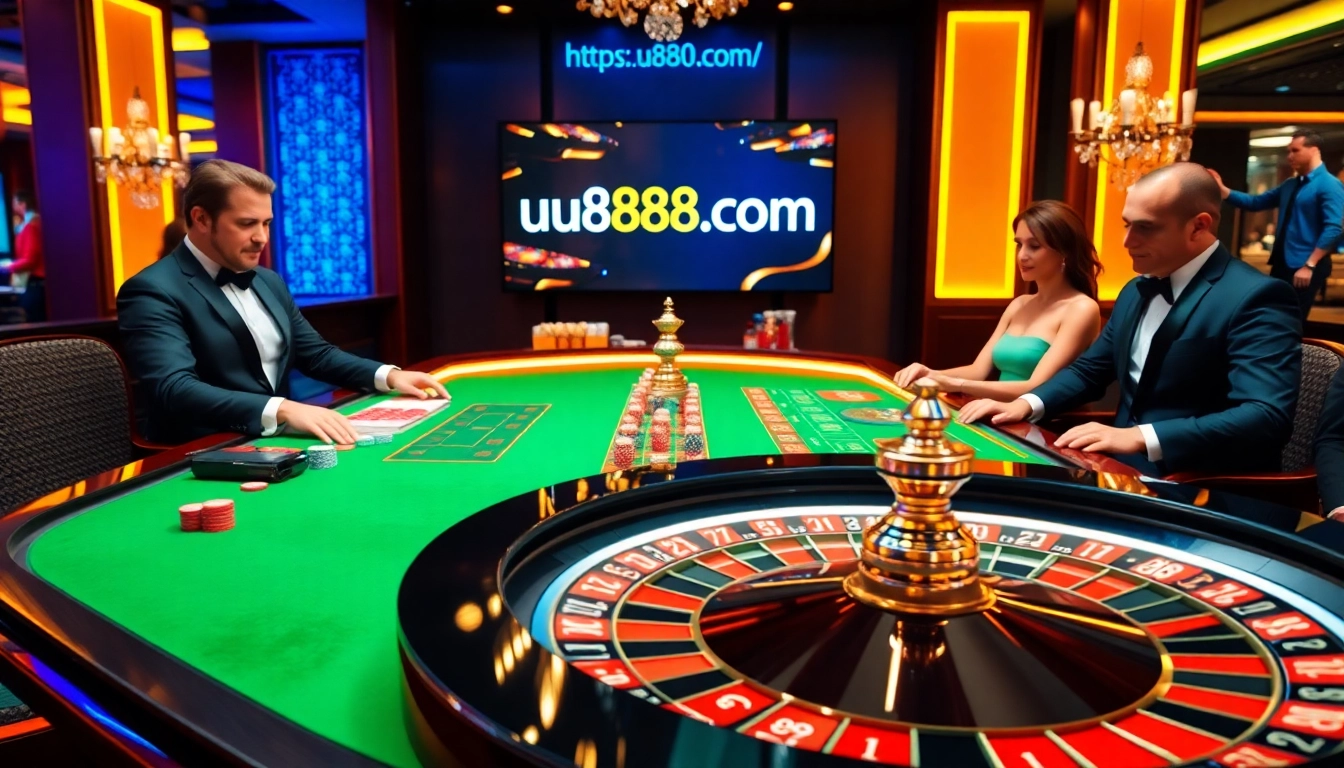 Engaging roulette players at a luxurious table, featuring https://u888u88.com/ online interface.