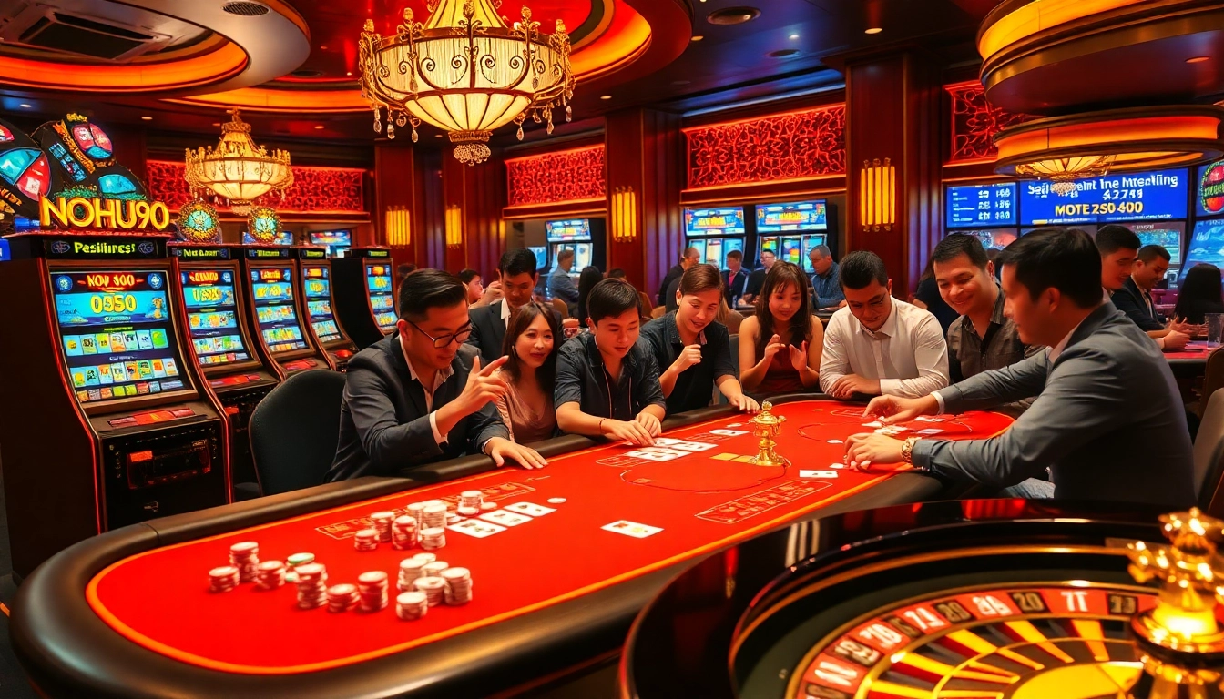 Action-packed casino scene highlighting players at NOHU90 slot machines and poker tables.