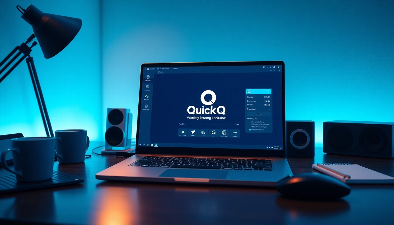 在现代桌面设置上展示的 QuickQ电脑版界面，搭配配件，营造专业且富创新氛围。