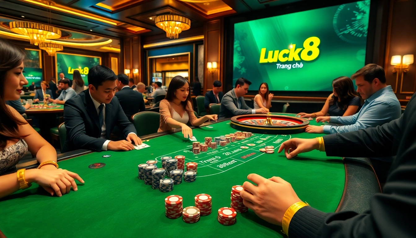 Engaging scene at Trang chủ Luck8 with players enjoying blackjack and roulette in a luxurious casino.