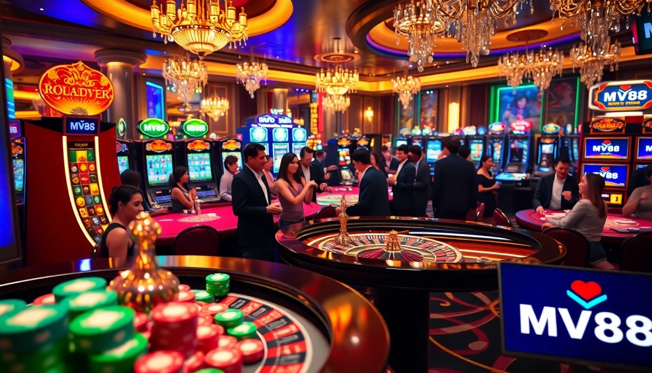 Experience the excitement of MV88 casino games, featuring vibrant gaming tables and enthusiastic players.