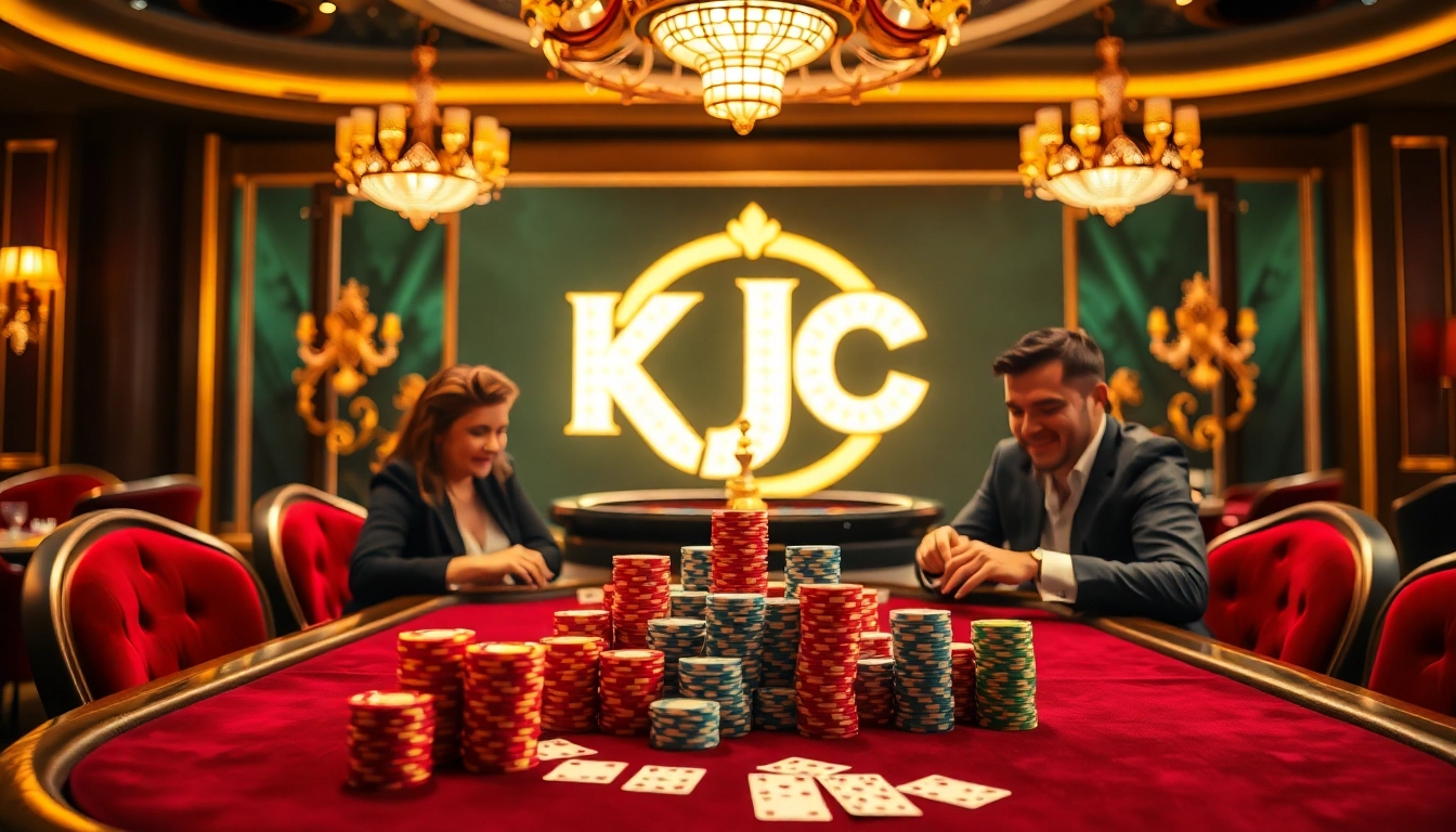 KJC casino table featuring vibrant poker action with chips and cards.