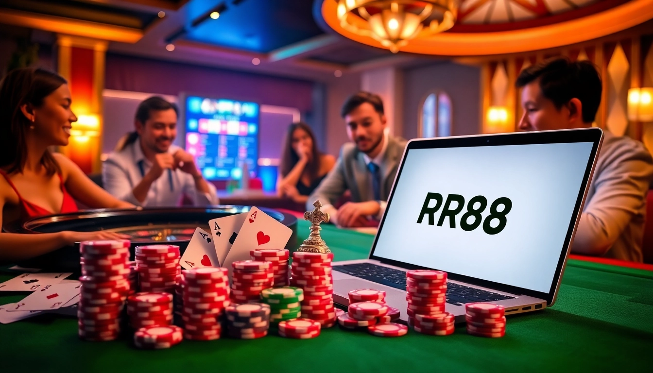 Experience the excitement of RR88 with colorful poker chips and cards on a luxurious casino table.