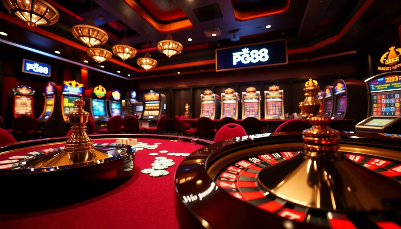 Experience thrilling moments at PG88 Casino with poker chips and spinning roulette wheels.