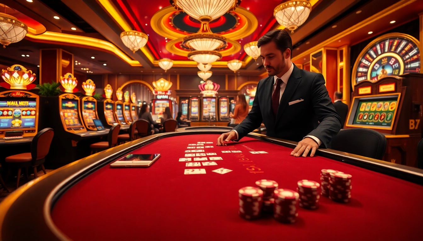 Experience the thrill of betting at BJ38's vibrant casino with cards and slot machines.