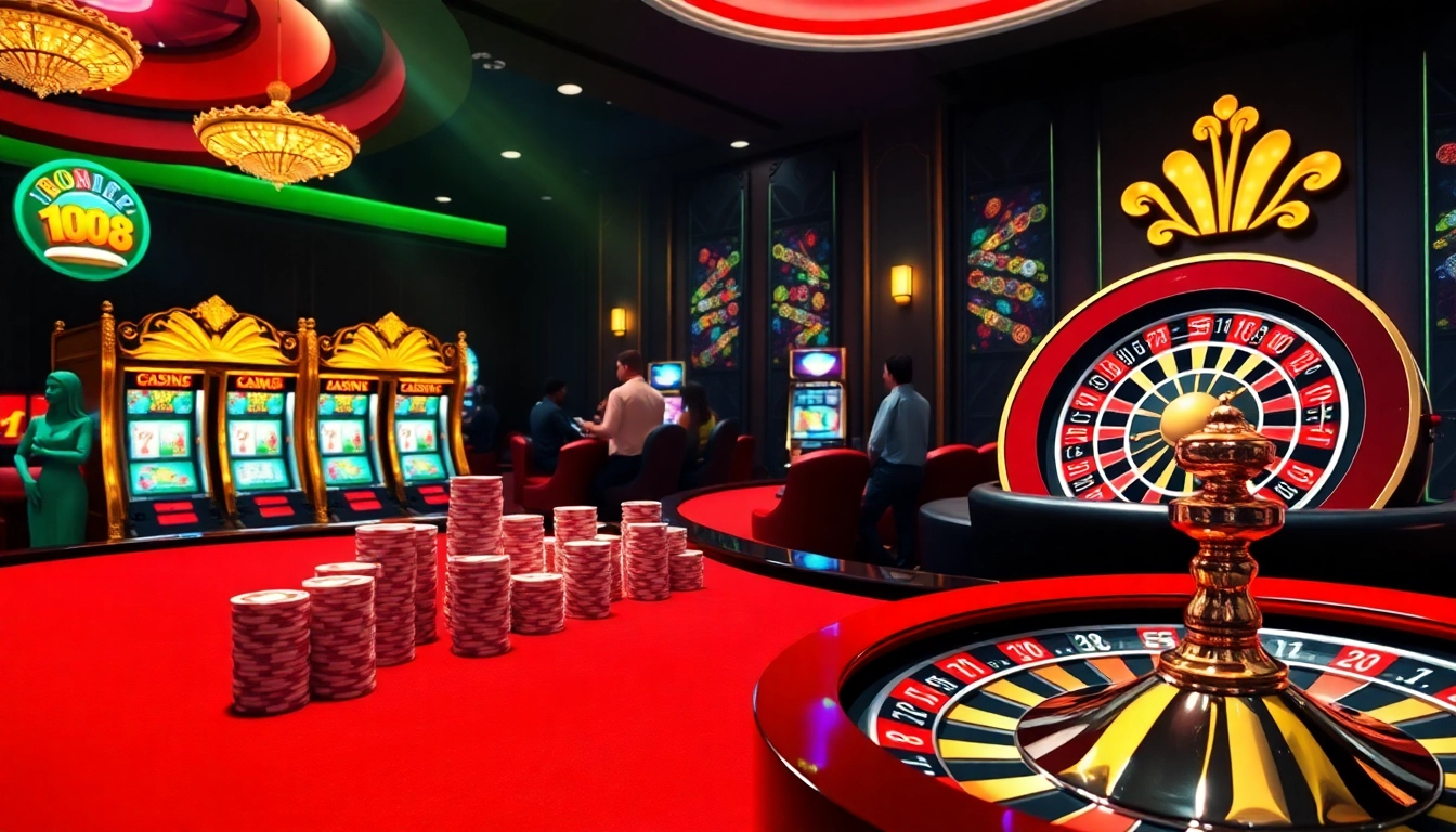 Experience the thrill of game bài đổi thưởng with exciting casino visuals featuring poker chips and slot machines.