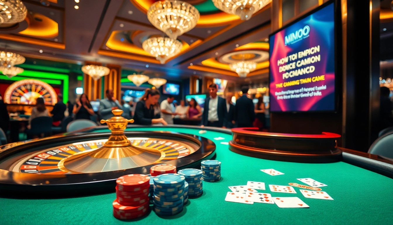 Tải MMOO casino screen showcasing vibrant gaming tables and eager players in a luxury setting.