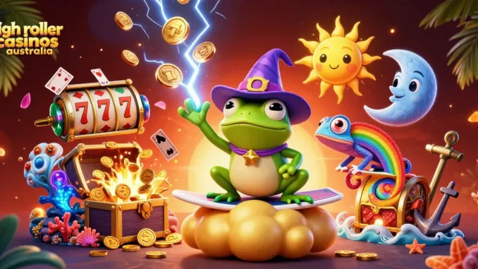 Experience the excitement of high roller casinos Australia with a wizard frog and chameleon amid gold coins.