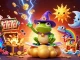 Experience the excitement of high roller casinos Australia with a wizard frog and chameleon amid gold coins.