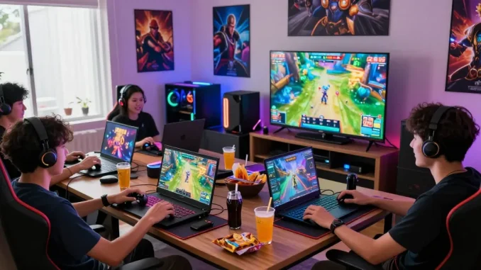 Exciting gaming scene with players engaged in สล็อตเว็บตรง games, showcasing a vibrant atmosphere with consoles and snacks.